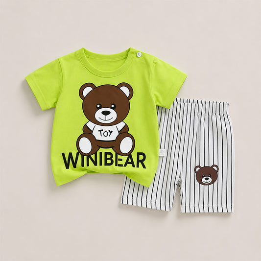 Cute Teddy Bear Printed Green T-Shirt & Striped Shorts 2 Piece Set(3mths-6yrs)-0015