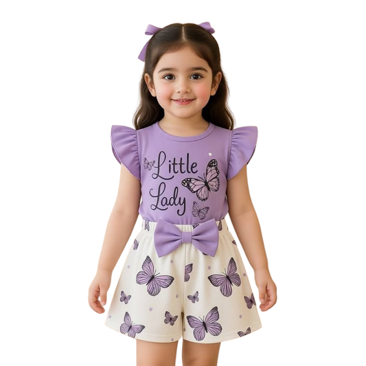 Girls Black Smile Printed T-Shirt & Shorts Set-0179