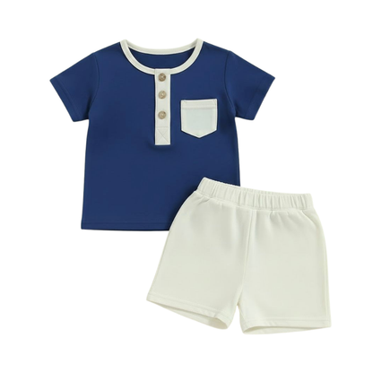 Boys Half Sleeve Pocket Blue & White Cotton T-Shirt and Shorts 2pcs Set (1years-7yrs)-0163