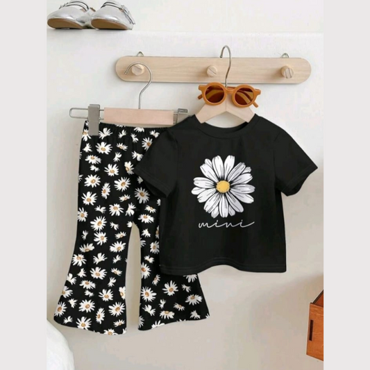 Kidoria Black Daisy Pointed Shirt T-shirt and Matching Pants 2pcs Set (6m-12yrs)-0110