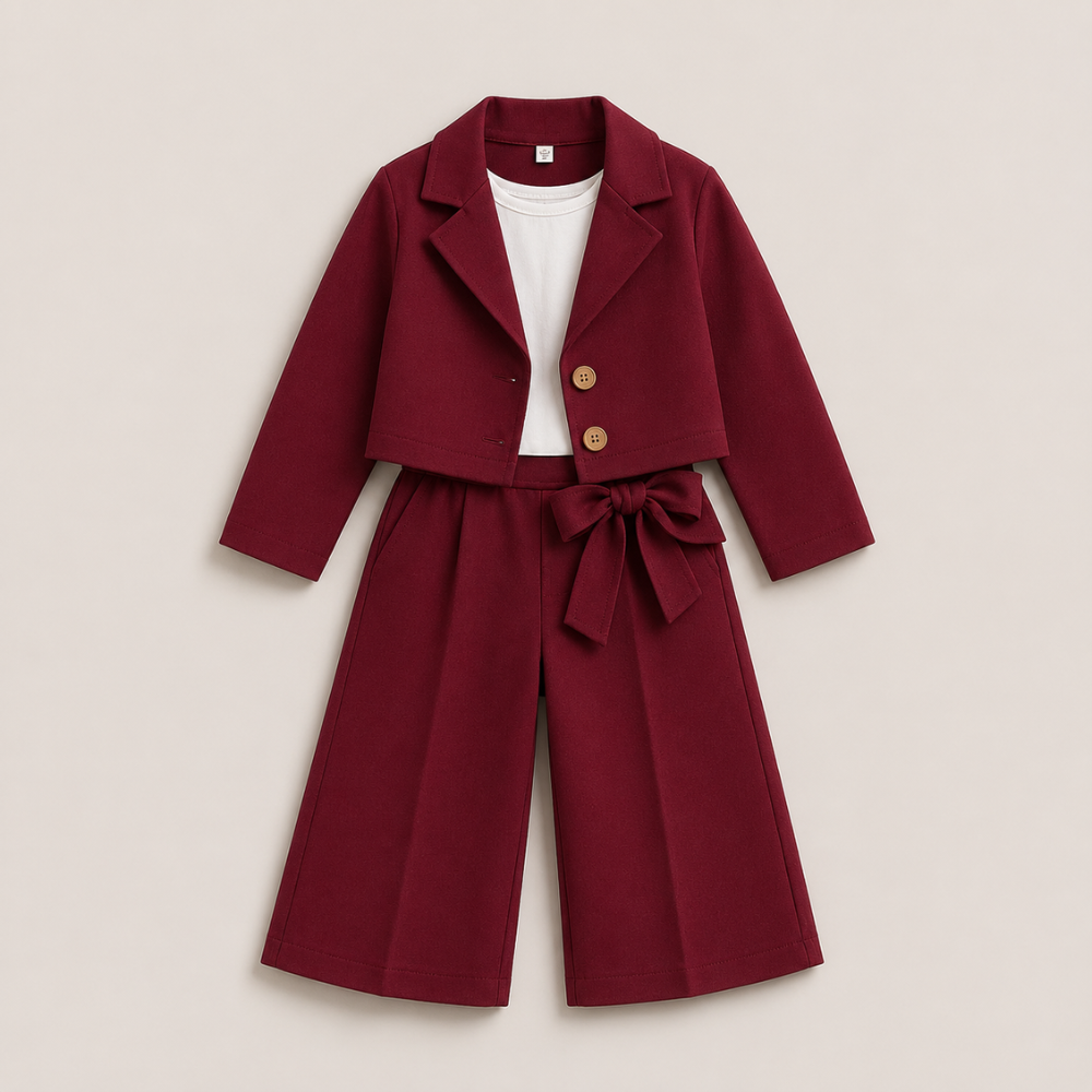 Girls Premium Blazer and Wide Leg Pants Set (Maroon)