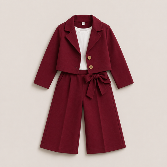 Girls Premium Blazer and Wide Leg Pants Set (Maroon)