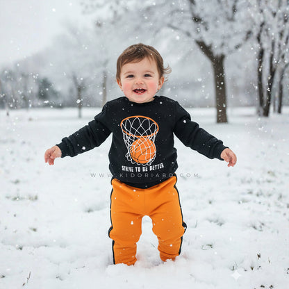 Kids Basketball Printed Black Sweatshirt & Orange Joggers Set (3 Month-8 Years)