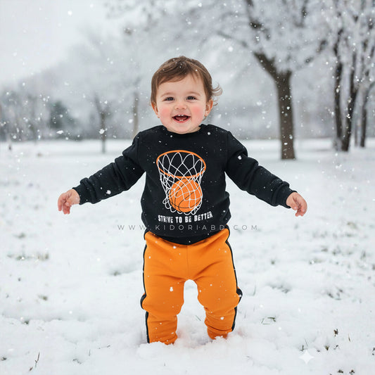 Kidoria Basketball Printed Black Sweatshirt & Orange Jogger Pants Set