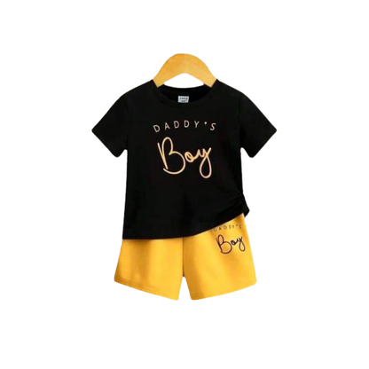 Kids Daddy’s Boy Black Printed T-Shirt & Yellow Shorts 2pcs Set (3mths-6yrs)-0068