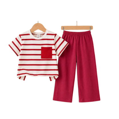 Girls Red & White Striped T-Shirt with Wide Leg Pants 2-Piece Set (2yrs-12yrs)-0176