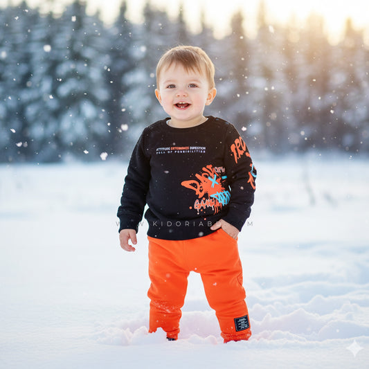 Kidoria Black Printed Graphic Sweatshirt and Orange Jogger (3M-8Years)