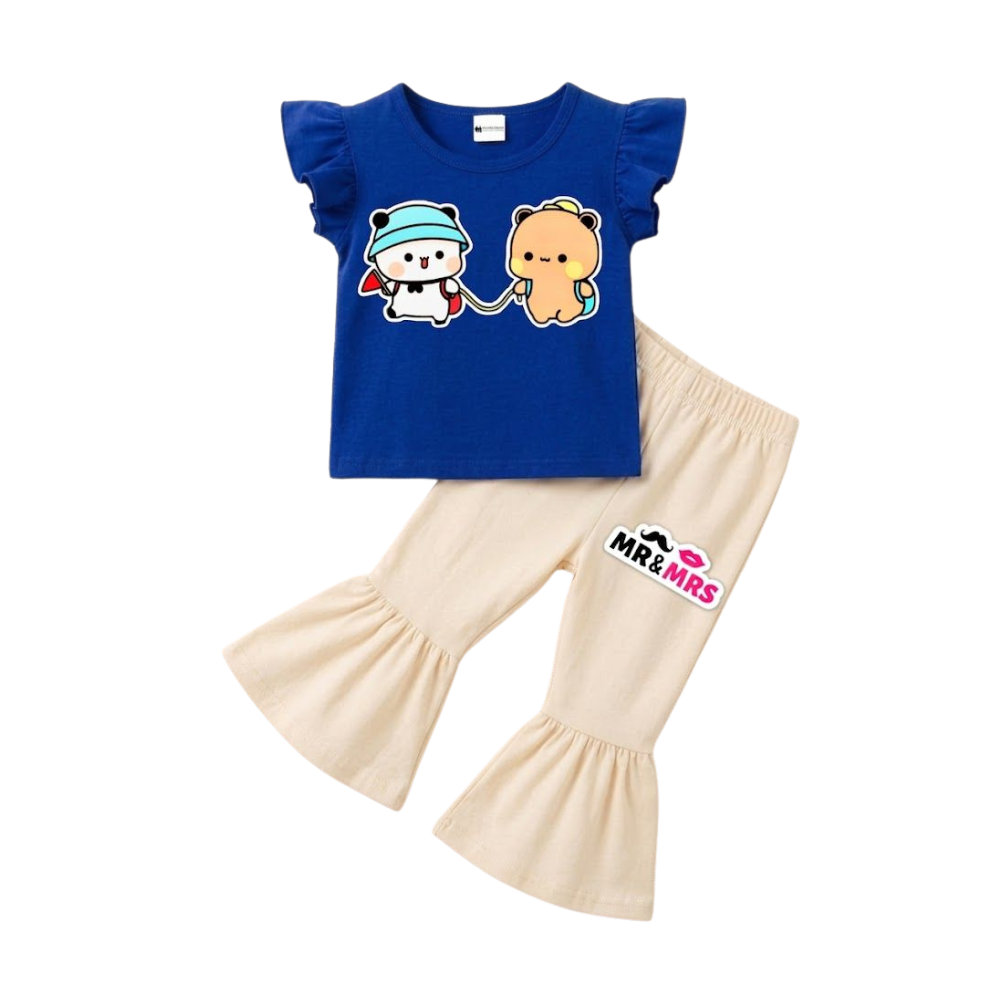 Girls Soft Cotton Printed Blue T-Shirt & Cream Flared Pants 2-Pcs Set (1years-7yrs)-0198