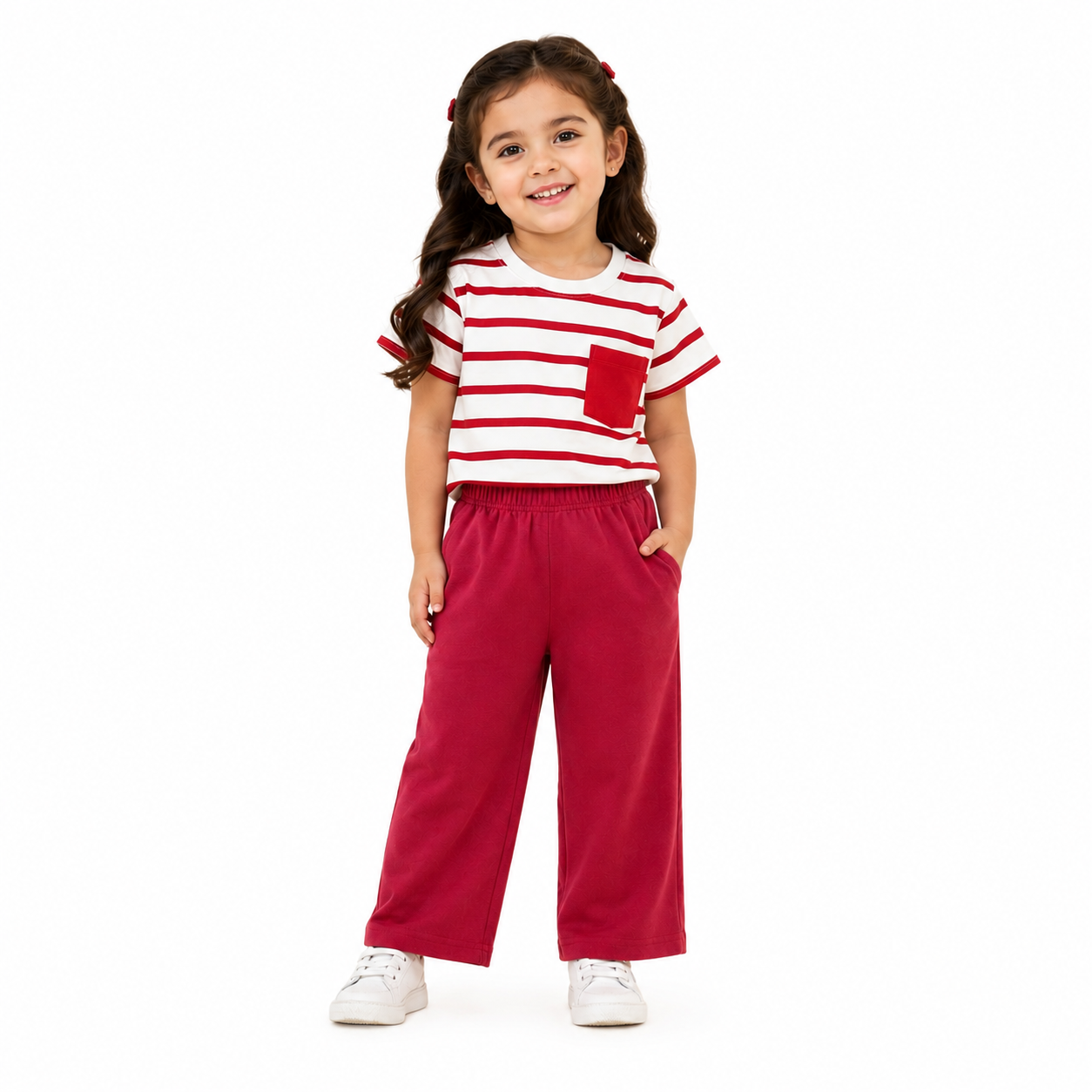 Girls Red & White Striped T-Shirt with Wide Leg Pants 2-Piece Set (2yrs-12yrs)-0176
