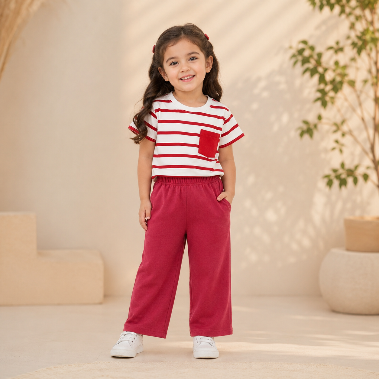 Girls Red & White Striped T-Shirt with Wide Leg Pants 2-Piece Set (2yrs-12yrs)-0176