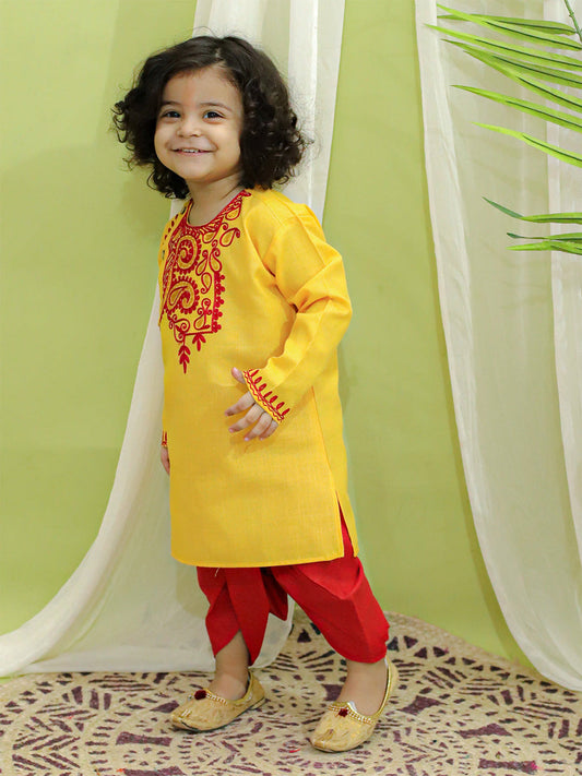 Kids Embroidered Kurta with Dhoti for Boys- Yellow