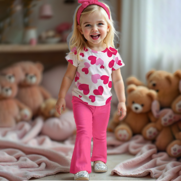 Girls Heart Print Girls Top & Flared Pants 2pcs Set (2yrs-12yrs)