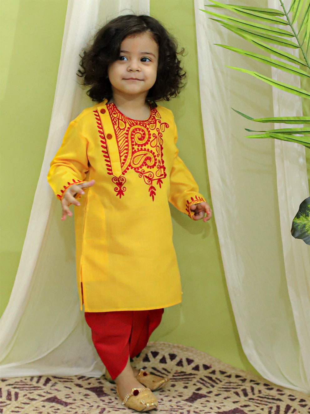 Kids Embroidered Kurta with Dhoti for Boys- Yellow