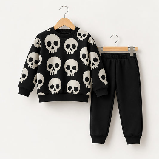 Kids Black Skull Printed Winter Sweatshirt & Joggers Set (3M-8yrs)