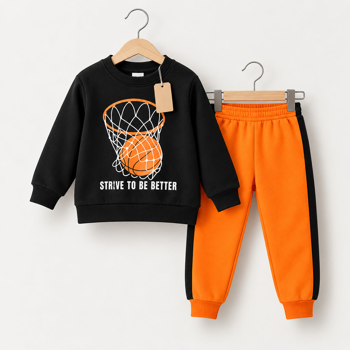 Kids Basketball Printed Black Sweatshirt & Orange Joggers Set (3 Month-8 Years)