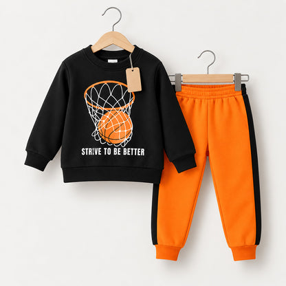Kids Basketball Printed Black Sweatshirt & Orange Joggers Set (3 Month-8 Years)