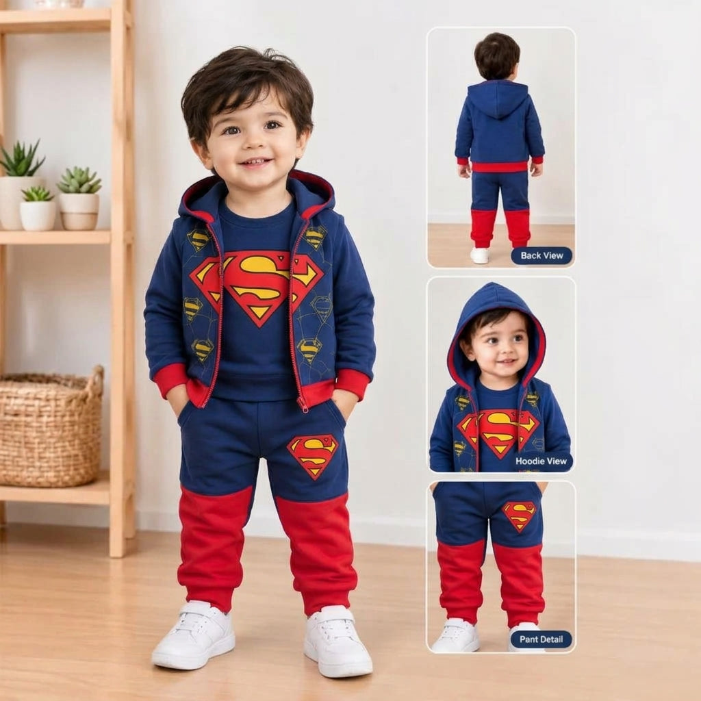 Boys Blue Superman Zipper Hoodie+Sweatshirt+Pant 3 Pcs Set