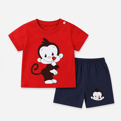 Boys Cartoon Monkey Printed T-Shirt & Shorts Summer Outfit Set-0171