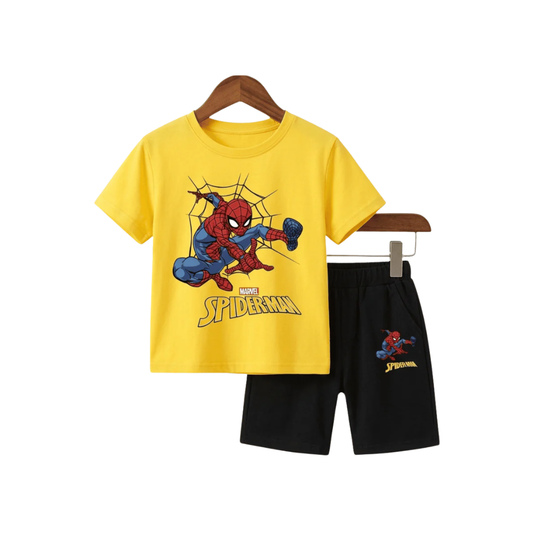 Boys Yellow Spider-Man Printd T-shirt & Short 2 Pcs Set-0165
