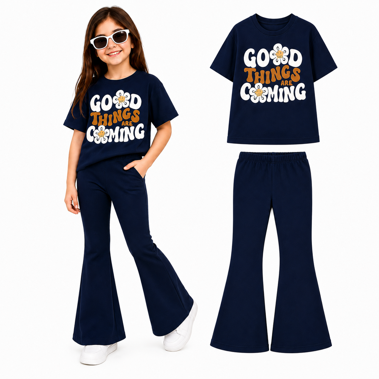 Girls Navy Blue Good Things Are Coming T-Shirt and Wide Leg Pants 2-Piece Set (2yrs-12yrs)-0179