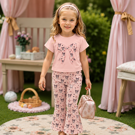 Girls Kuromi Pink Pajama Set with Bow Detail (1yrs-8yrs)-0096