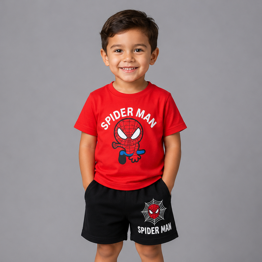 Boys Spider Printed T-Shirt & Shorts 2pcs Set(3mths-6yrs)-0067