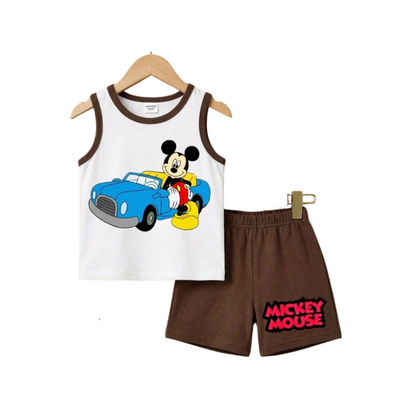 Children's outfit with tank top and shorts featuring Mickey Mouse on a white background