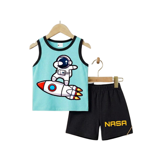 Children's sleeveless top with astronaut and rocket design and black shorts with NASA logo on a white background.

