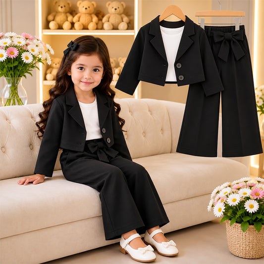 Girls Premium Blazer and Wide Leg Pants Set (Black)