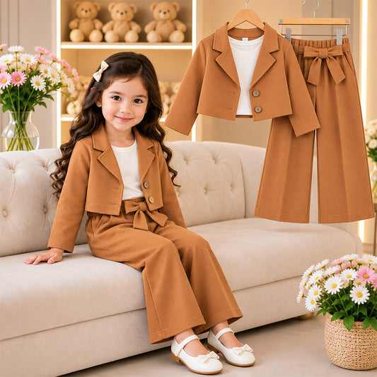 Girls Premium Blazer and Wide Leg Pants Set (Brown)