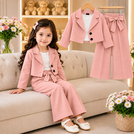 Girls Premium Blazer and Wide Leg Pants Set (Pink)