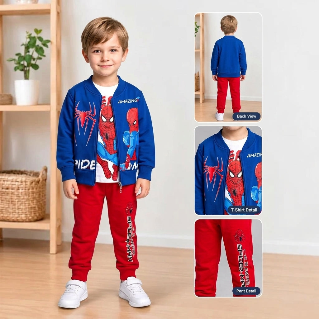 Boys Spider-Man Zipper Jacket+Sweatshirt+Pant 3 Pcs Set