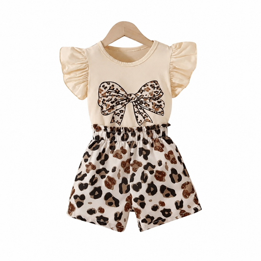 Baby Girl Bow Printed Top & Animal Print Shorts 2pcs T-shirt Set (3mths-6yrs)-0121