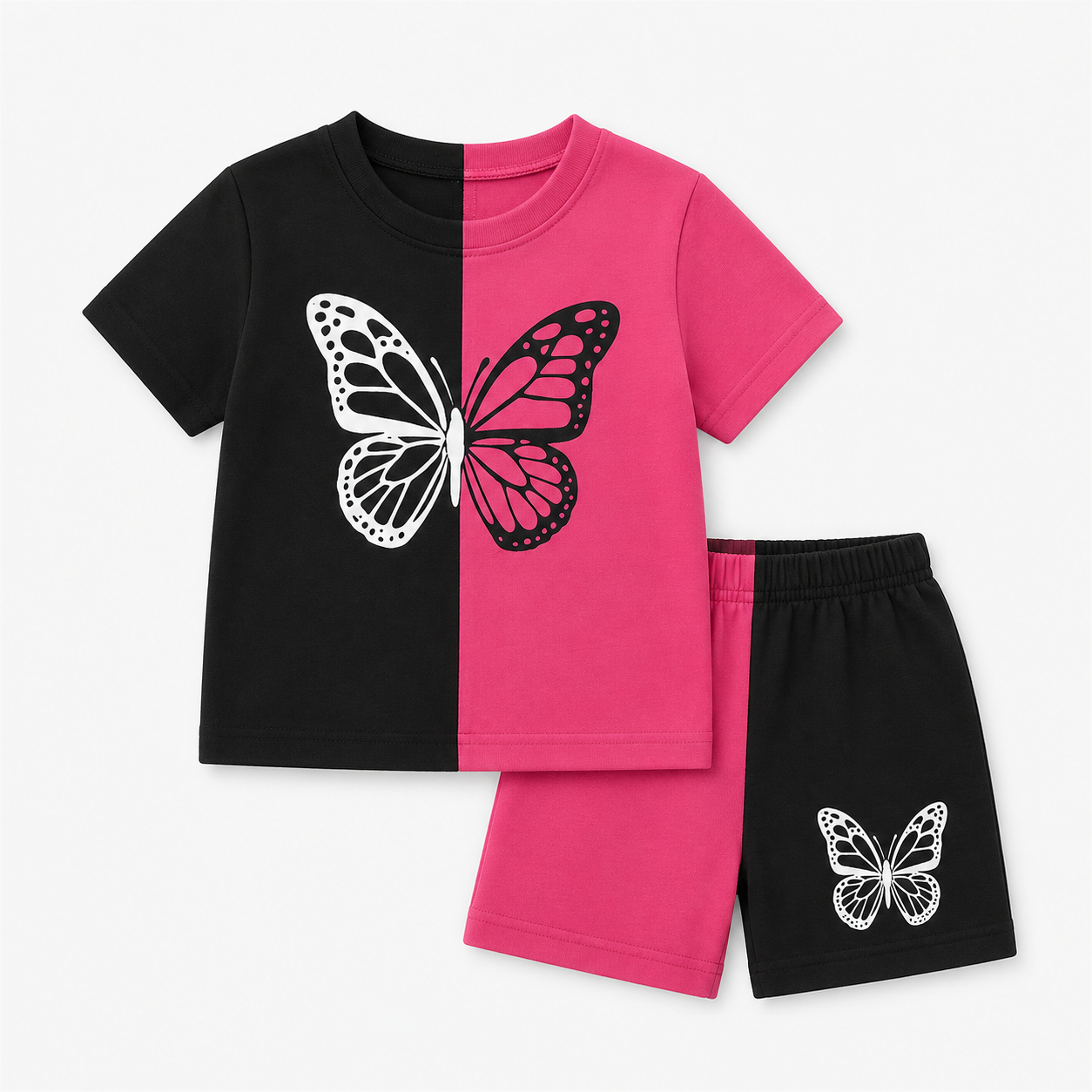 Girls Pink & Black Butterfly Printed T-Shirt & Shorts Set-0170