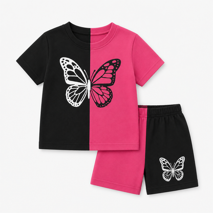 Girls Pink & Black Butterfly Printed T-Shirt & Shorts Set-0170