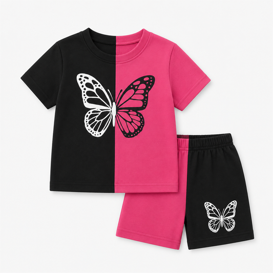 Girls Pink & Black Butterfly Printed T-Shirt & Shorts Set-0170