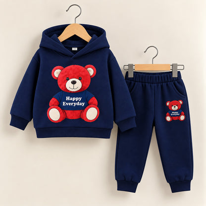 Kids Happy Everyday Bear Printed Navy Blue Hoodie & Joggers Set (3M-8yrs)