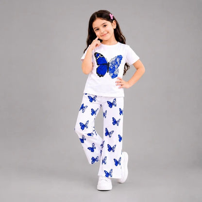 Kids Blue Butterfly Printed White T-Shirt & Full Pants Set-0125