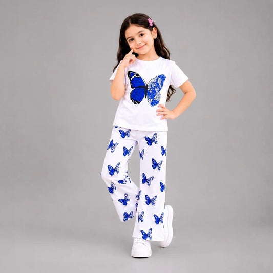 Kids Blue Butterfly Printed White T-Shirt & Full Pants Set-0125