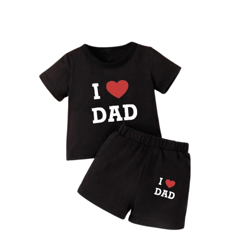 Black children's outfit with 'I ❤️ DAD' text on a white background