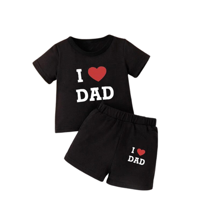 Black children's outfit with 'I ❤️ DAD' text on a white background