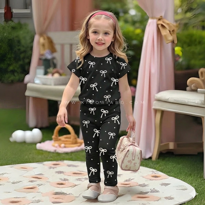 Kidoria Black Pearl Bow Print Shirt & Pants 2pcs Set For Baby Girl (1yrs-12yrs)