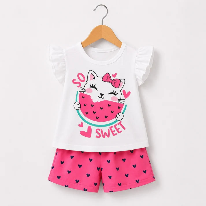 Girls Black Color Bow Printed T-Shirt & Shorts Set-0190