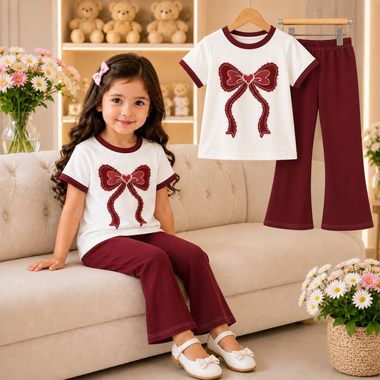 Girls Bow Printed White T-Shirt & Red  Full Pant-0106