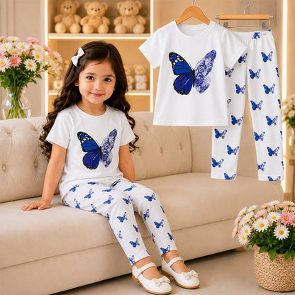 Girls Blue Butterfly Printed White T-Shirt & Full Pants Set-002