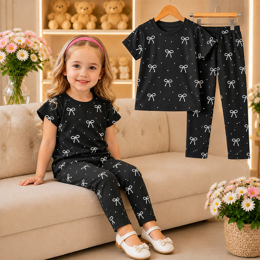 Girl Black Pearl Bow Print Shirt & Pants Set -0109