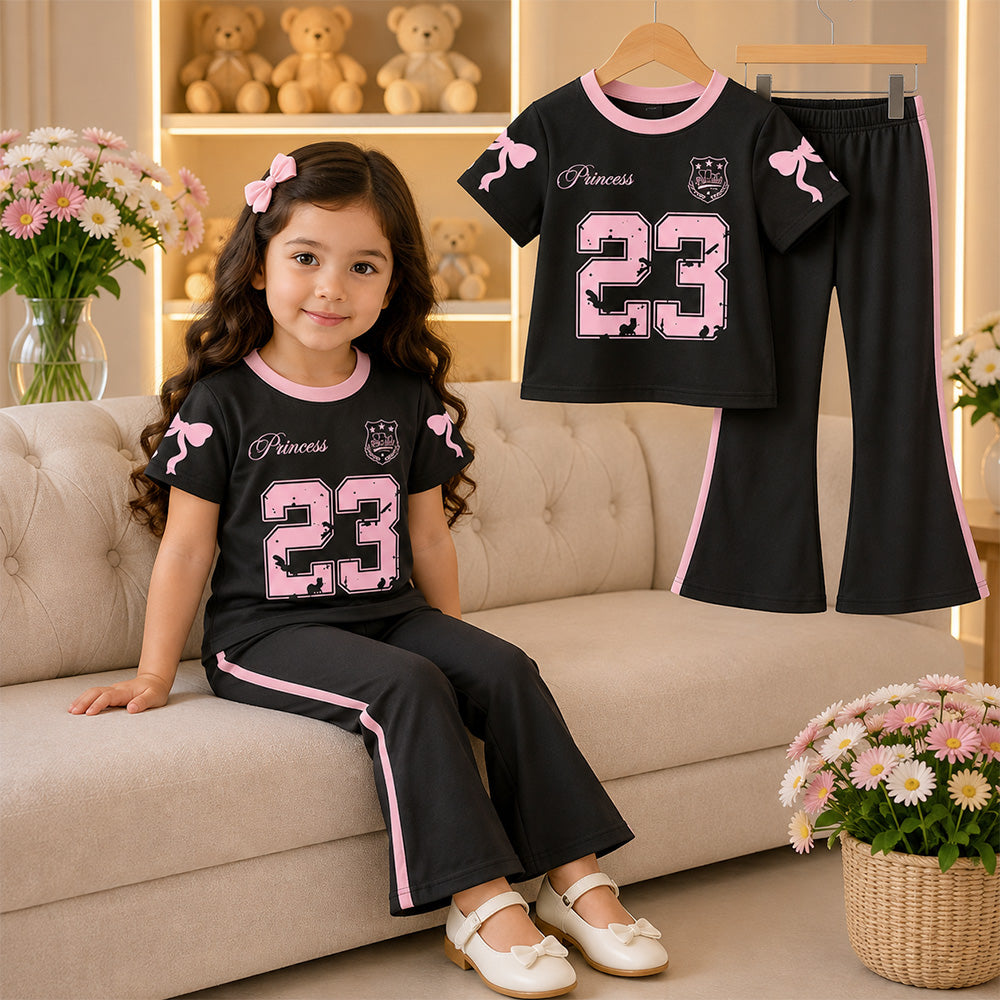 Girls Black & Pink “23” Printed T-Shirt & Full Pants -015