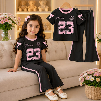 Girls Black & Pink “23” Printed T-Shirt & Full Pants -015