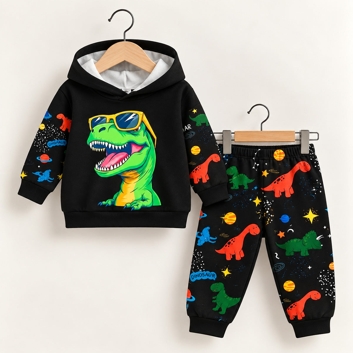 Kids Black Space Dinosaur Printed Winter Joggers & Hoodie Set (3M-8yrs)
