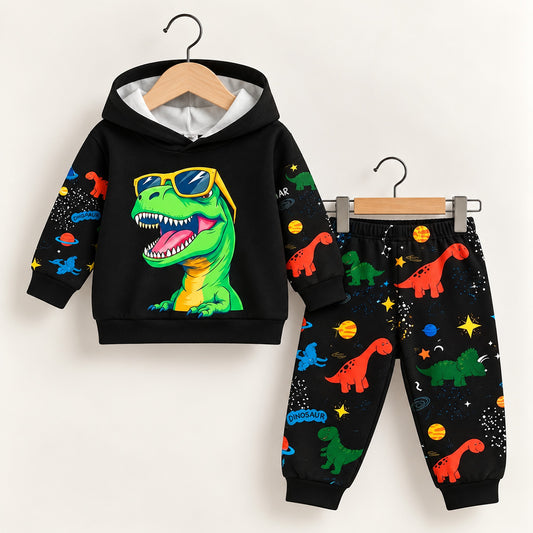 Kids Black Space Dinosaur Printed Winter Joggers & Hoodie Set (3M-8yrs)
